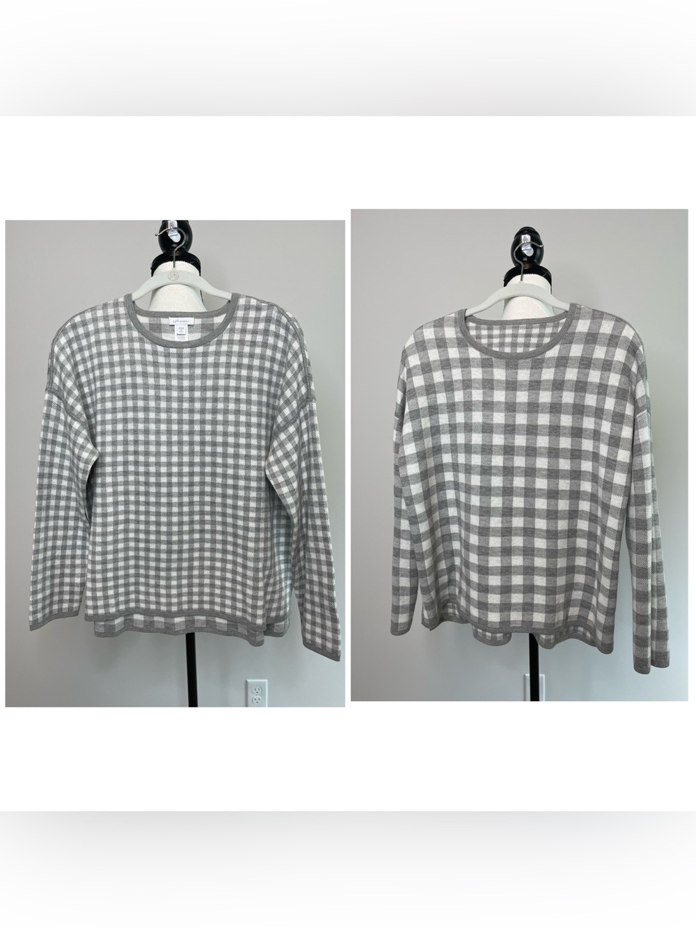 J.Jill reversible gingham plaid pullover sweater in gray white size small